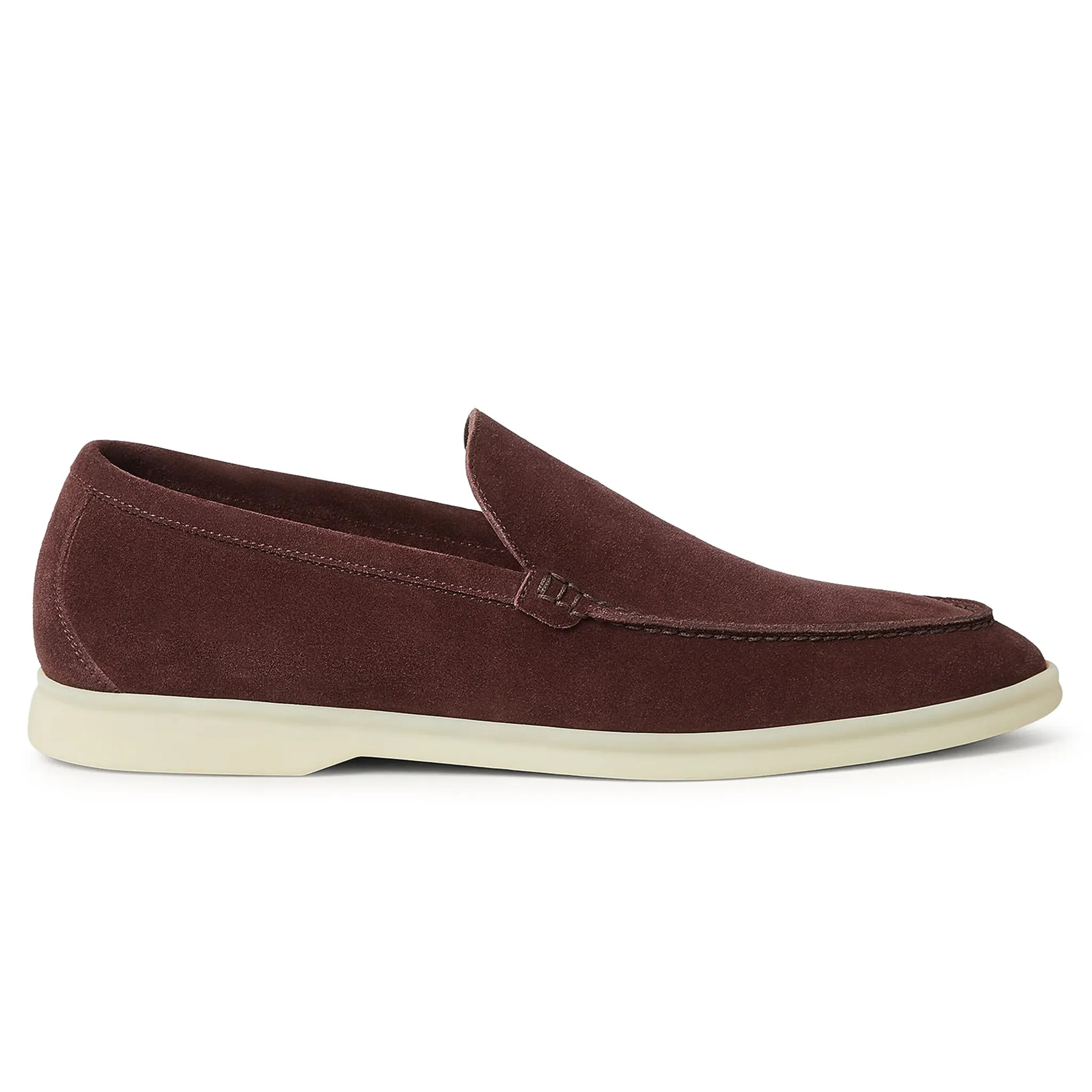 Side View of Loro Piana Summer Walk Suede Very Dark Maroon Loafers FAE8124_Q0B5